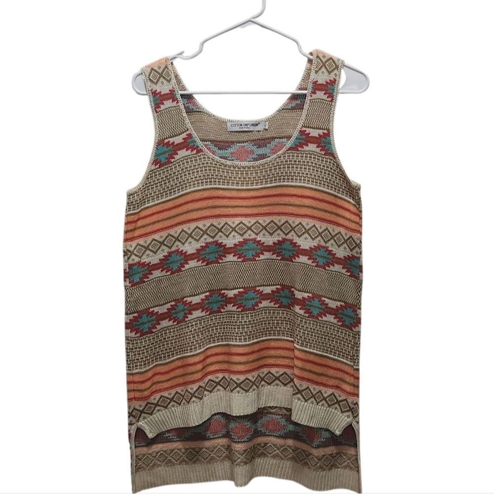 Cotton Emporium L Made USA Southwestern Aztec Knit Sweater Vest Boho Hi Low